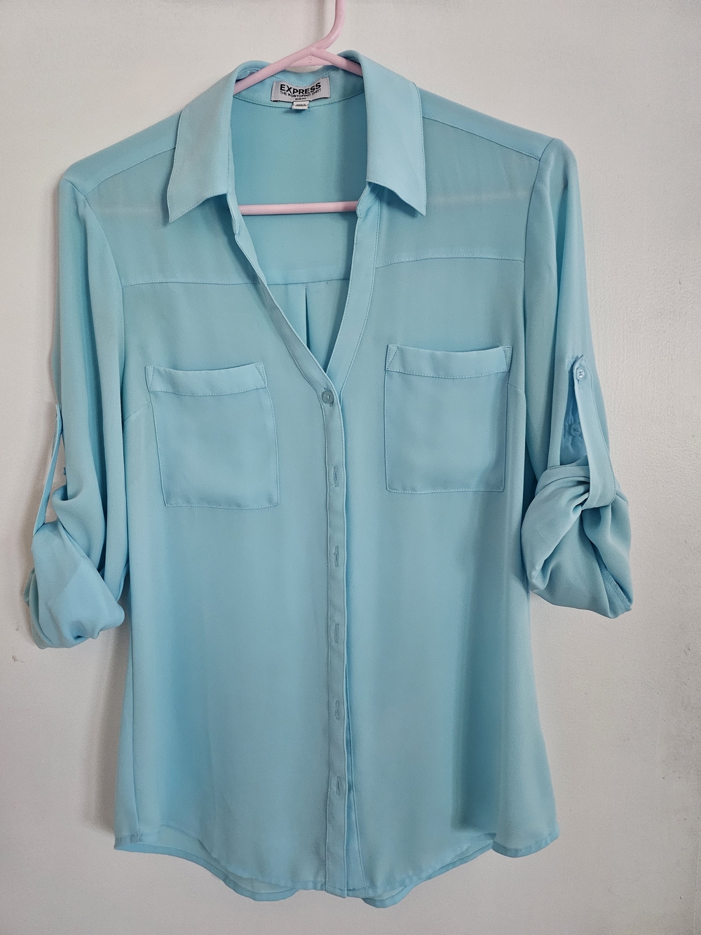 Express Light Blue Sheer Button-Down Shirt with Roll-Tab Sleeves